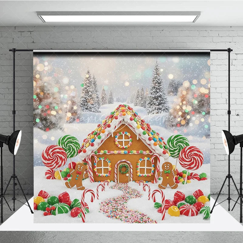 Lofaris Gingerbread House Christmas Backdrop Candy Land Winter Snow Background Sweet Lollipops Holiday Party Decoration