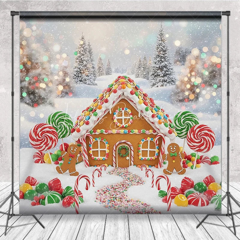 Lofaris Gingerbread House Christmas Backdrop Candy Land Winter Snow Background Sweet Lollipops Holiday Party Decoration