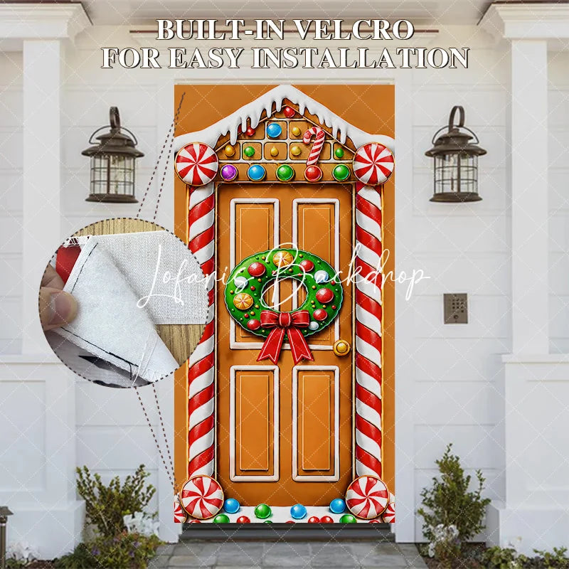 Lofaris Gingerbread House Christmas Door Cover with Holiday Wreath and Candy Canes Festive Winter Party Decoration