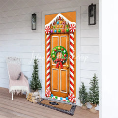Lofaris Gingerbread House Christmas Door Cover with Holiday Wreath and Candy Canes Festive Winter Party Decoration