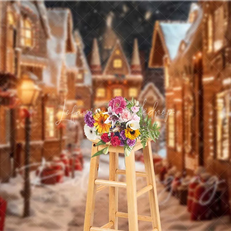 Lofaris Gingerbread Village Backdrop Christmas Candy House Snowy Street Fantasy Town Photo Background