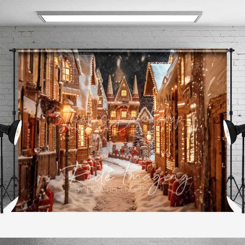 Lofaris Gingerbread Village Backdrop Christmas Candy House Snowy Street Fantasy Town Photo Background