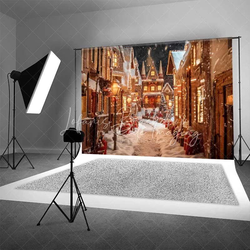Lofaris Gingerbread Village Backdrop Christmas Candy House Snowy Street Fantasy Town Photo Background