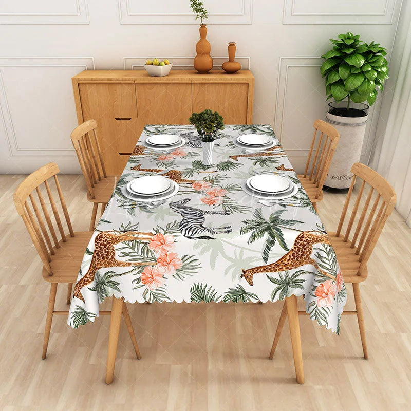 Lofaris Giraffe and Zebra Safari Rectangle Tablecloth Tropical Palm Trees Peach Flowers Table Cover Jungle Decor