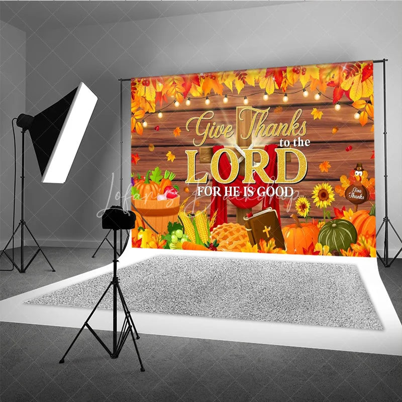 Lofaris Give Thanks to the Lord Backdrop Religious Christian Thanksgiving Banner Autumn Fall Pumpkins Cross Photo Props