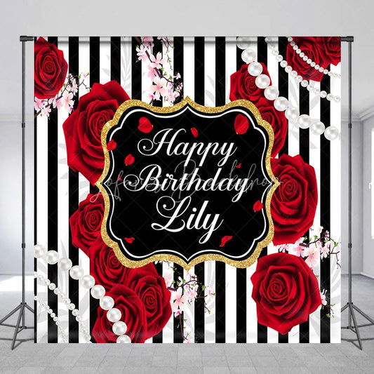 Lofaris Glamorous Black and White Striped Custom Birthday Backdrop with Red Roses Gold Glitter Pearls for Party Decor