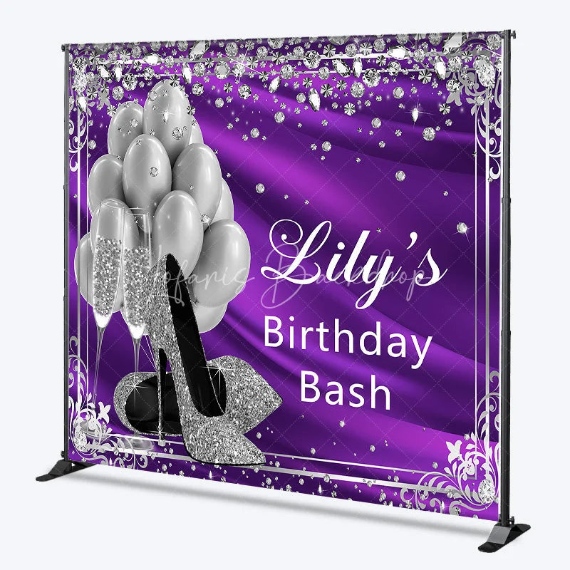 Lofaris Glamorous Purple and Silver Glitter Custom Backdrop featuring High Heels Balloons Champagne for Birthday Bash