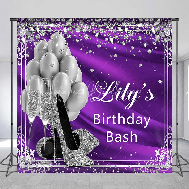 Lofaris Glamorous Purple and Silver Glitter Custom Backdrop featuring High Heels Balloons Champagne for Birthday Bash