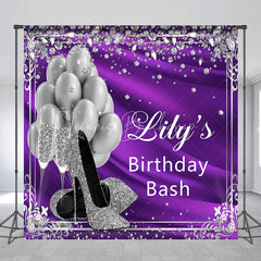 Lofaris Glamorous Purple and Silver Glitter Custom Backdrop featuring High Heels Balloons Champagne for Birthday Bash