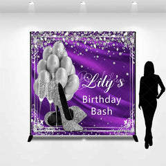 Lofaris Glamorous Purple and Silver Glitter Custom Backdrop featuring High Heels Balloons Champagne for Birthday Bash
