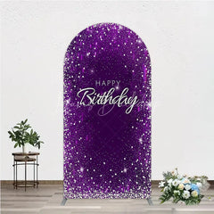 Lofaris Glamorous Purple and Silver Glitter Happy Birthday Round Top Arch Backdrop Elegant Celebration Party Decor