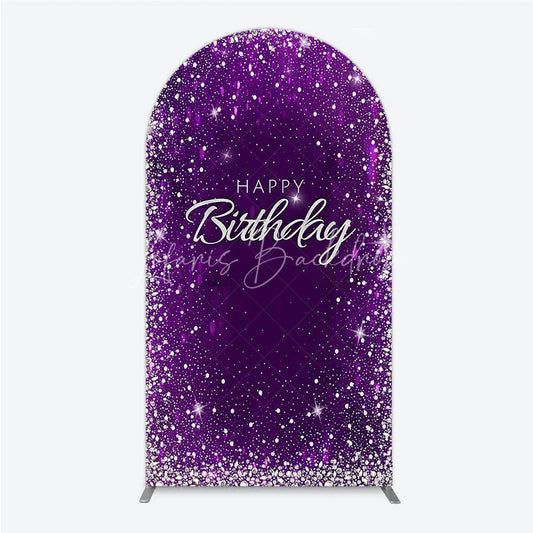 Lofaris Glamorous Purple and Silver Glitter Happy Birthday Round Top Arch Backdrop Elegant Celebration Party Decor
