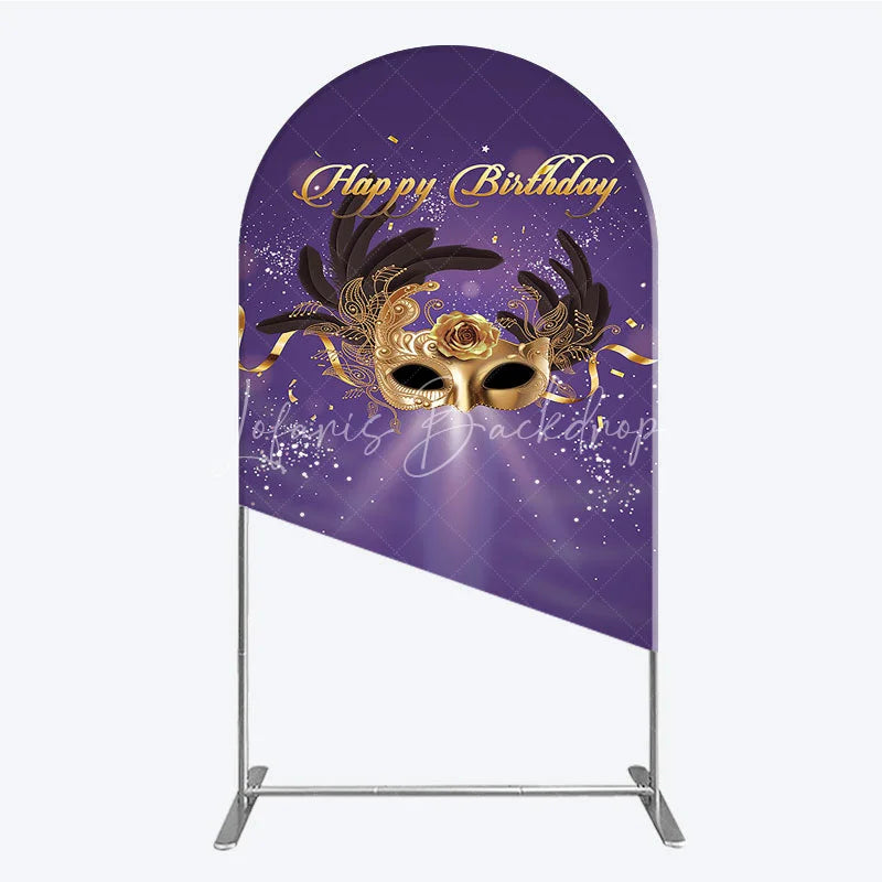 Lofaris Glamorous Purple Happy Birthday Arch Backdrop with Gold Masquerade Mask Elegant Feather Party Decor