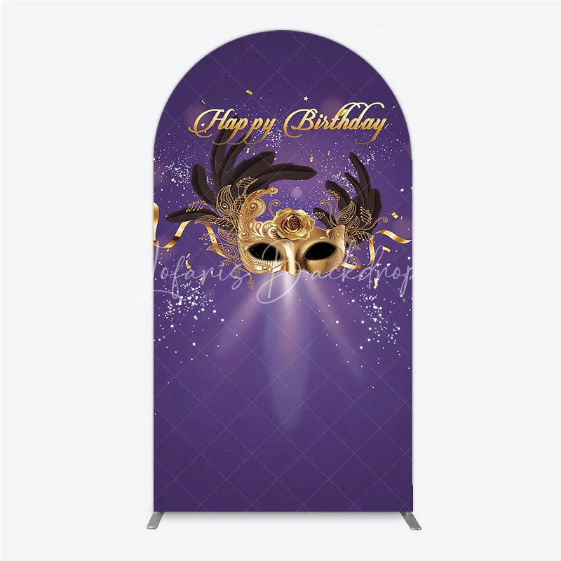 Lofaris Glamorous Purple Happy Birthday Arch Backdrop with Gold Masquerade Mask Elegant Feather Party Decor