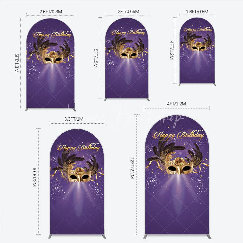 Lofaris Glamorous Purple Happy Birthday Arch Backdrop with Gold Masquerade Mask Elegant Feather Party Decor