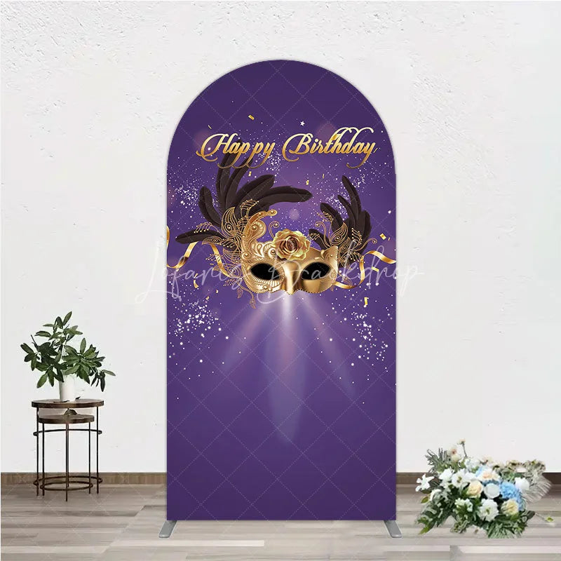 Lofaris Glamorous Purple Happy Birthday Arch Backdrop with Gold Masquerade Mask Elegant Feather Party Decor