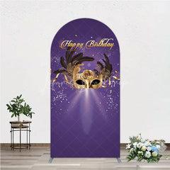 Lofaris Glamorous Purple Happy Birthday Arch Backdrop with Gold Masquerade Mask Elegant Feather Party Decor