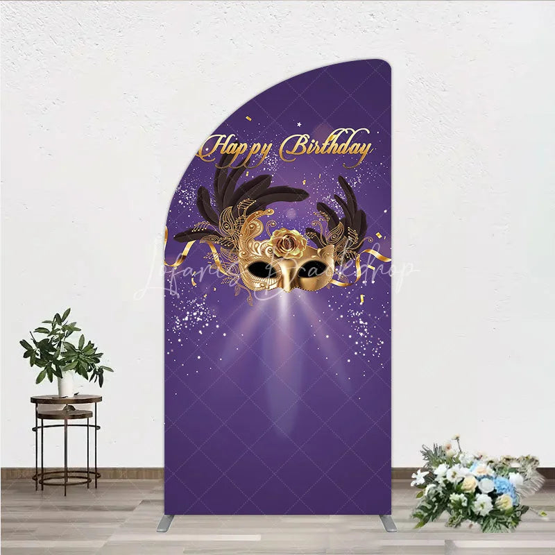Lofaris Glamorous Purple Happy Birthday Half Moon Arch Backdrop with Gold Masquerade Mask Elegant Feather Party Decor