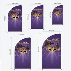 Lofaris Glamorous Purple Happy Birthday Half Moon Arch Backdrop with Gold Masquerade Mask Elegant Feather Party Decor