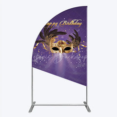 Lofaris Glamorous Purple Happy Birthday Half Moon Arch Backdrop with Gold Masquerade Mask Elegant Feather Party Decor