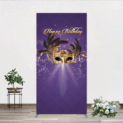 Lofaris Glamorous Purple Happy Birthday Rectangle Backdrop with Gold Masquerade Mask Elegant Feather Party Decor