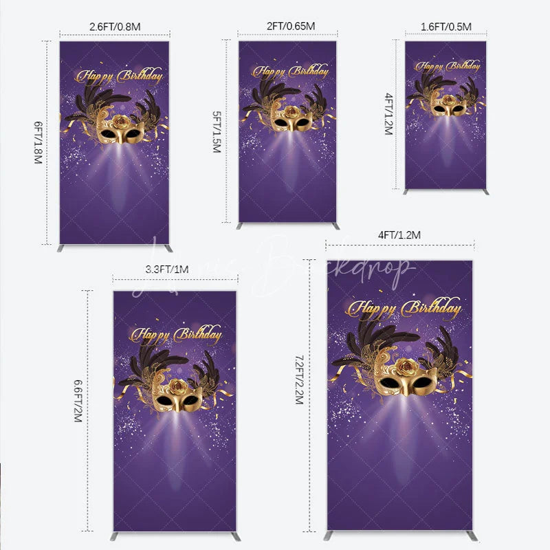 Lofaris Glamorous Purple Happy Birthday Rectangle Backdrop with Gold Masquerade Mask Elegant Feather Party Decor