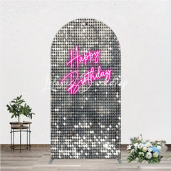 Lofaris Glamorous Silver Sequin Happy Birthday Round Top Arch Backdrop Pink Neon Style Party Decoration