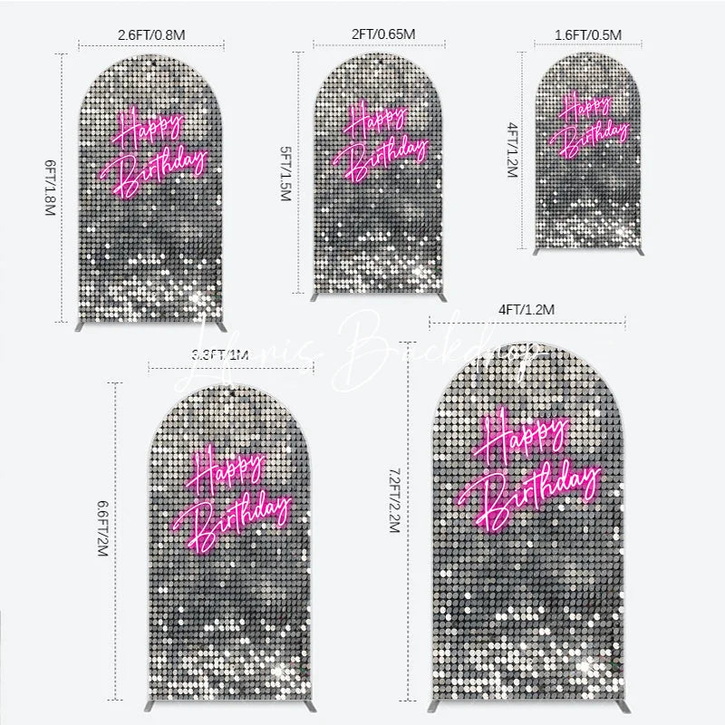 Lofaris Glamorous Silver Sequin Happy Birthday Round Top Arch Backdrop Pink Neon Style Party Decoration