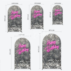 Lofaris Glamorous Silver Sequin Happy Birthday Round Top Arch Backdrop Pink Neon Style Party Decoration