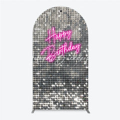 Lofaris Glamorous Silver Sequin Happy Birthday Round Top Arch Backdrop Pink Neon Style Party Decoration
