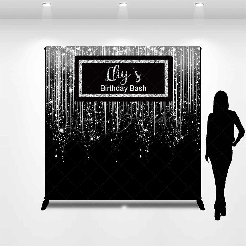 Lofaris Glitter Black Silver Custom Name Birthday Backdrop