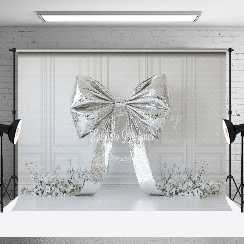 Lofaris Glitter Silver Bow White Floral Wedding Backdrop