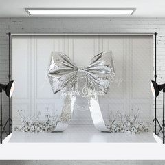 Lofaris Glitter Silver Bow White Floral Wedding Backdrop