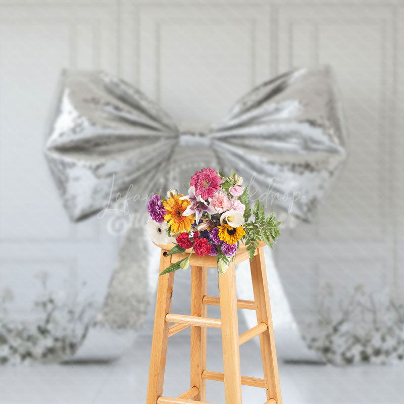 Lofaris Glitter Silver Bow White Floral Wedding Backdrop