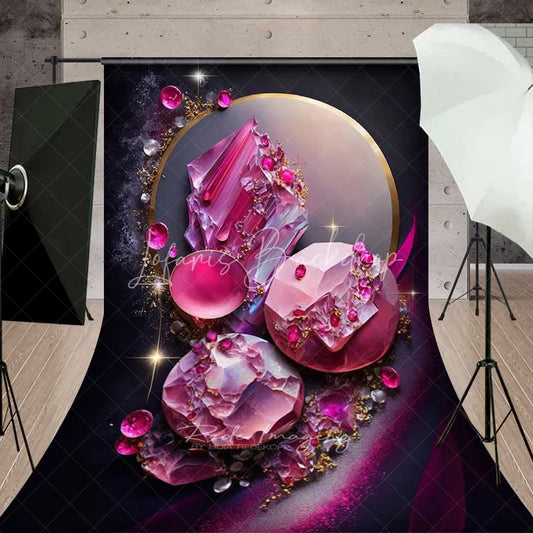 Lofaris Glowing Pink Crystal and Gold Circle Backdrop Luxury Magenta Gemstone Abstract Photography Background