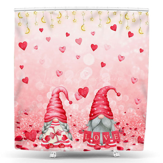 Lofaris Gnome Couple Pink Bokeh Valentines Day Shower Curtain