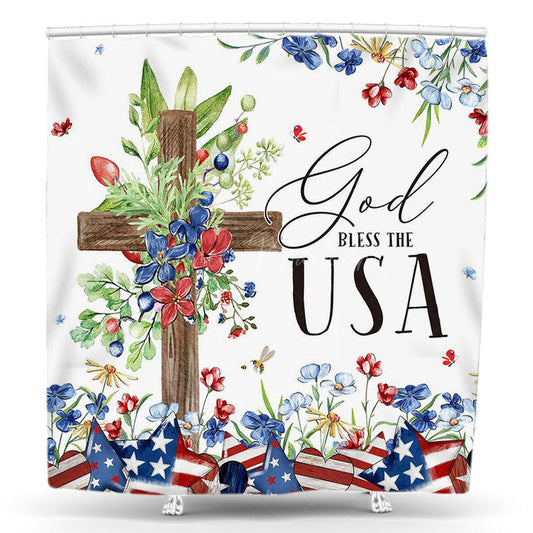 Lofaris God Bless The Usa Flag Cross Floral Shower Curtain