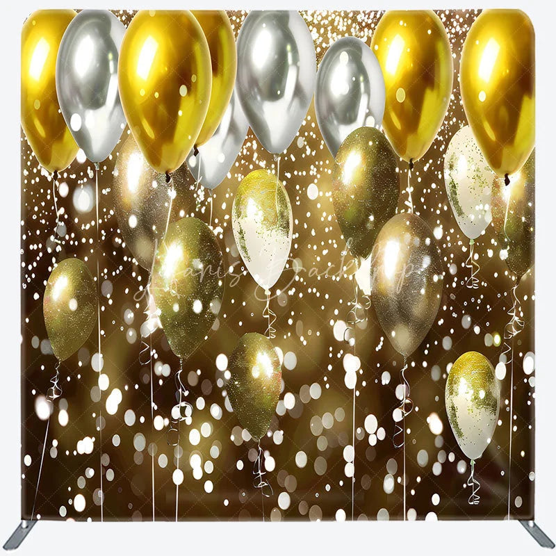 Lofaris Gold and Silver Balloons Double-Sided Tension Fabric Backdrop Bokeh Lights for Birthday New Year’s Eve Party