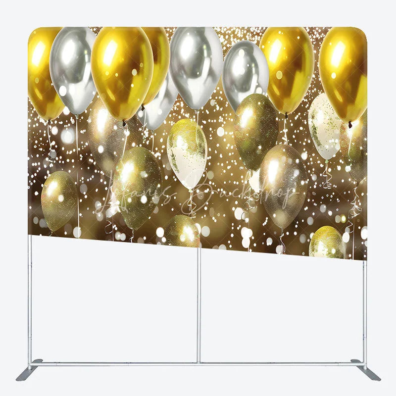 Lofaris Gold and Silver Balloons Double-Sided Tension Fabric Backdrop Bokeh Lights for Birthday New Year’s Eve Party