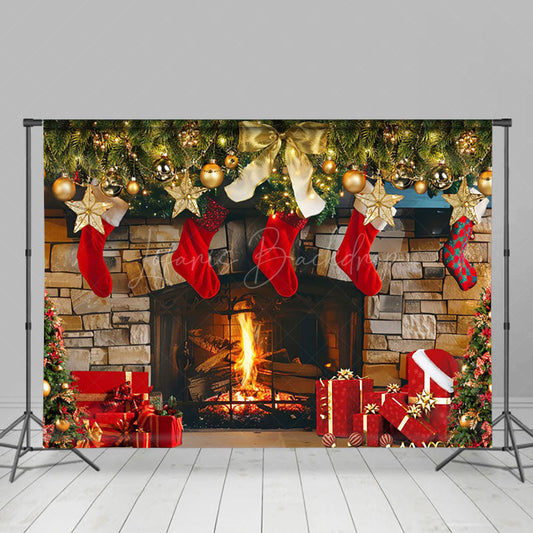 Lofaris Gold Bauble Red Socks Fireplace Gift Xmas Backdrop