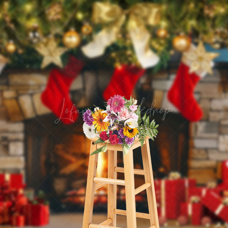 Lofaris Gold Bauble Red Socks Fireplace Gift Xmas Backdrop
