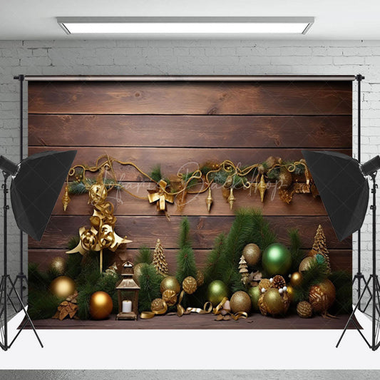 Lofaris Gold Bells Pine Leaves Brown Wood Christmas Backdrop