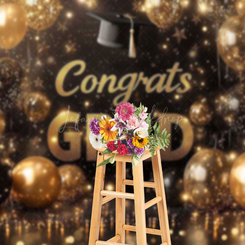 Lofaris Gold Black Balloons Bokeh Congrats Grad Backdrop