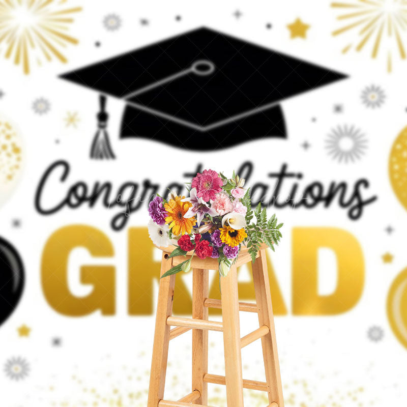 Lofaris Gold Black Balloons White Congrats Grad Backdrop