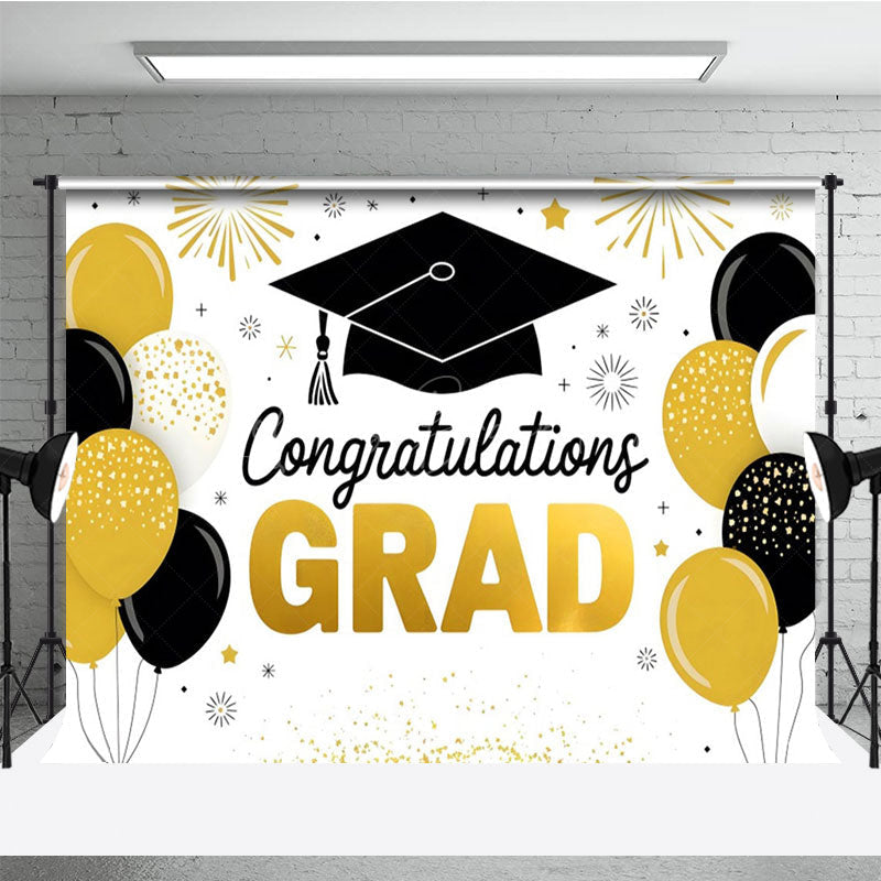 Lofaris Gold Black Balloons White Congrats Grad Backdrop