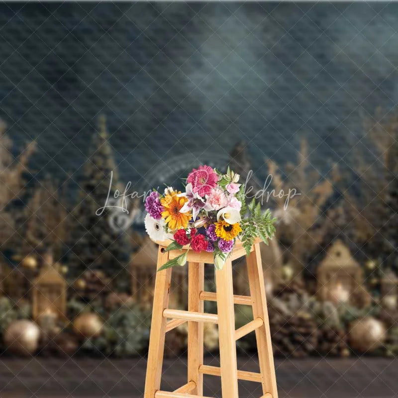 Lofaris Gold Christmas Village Backdrop Lantern House Bottle Brush Tree Photography Background