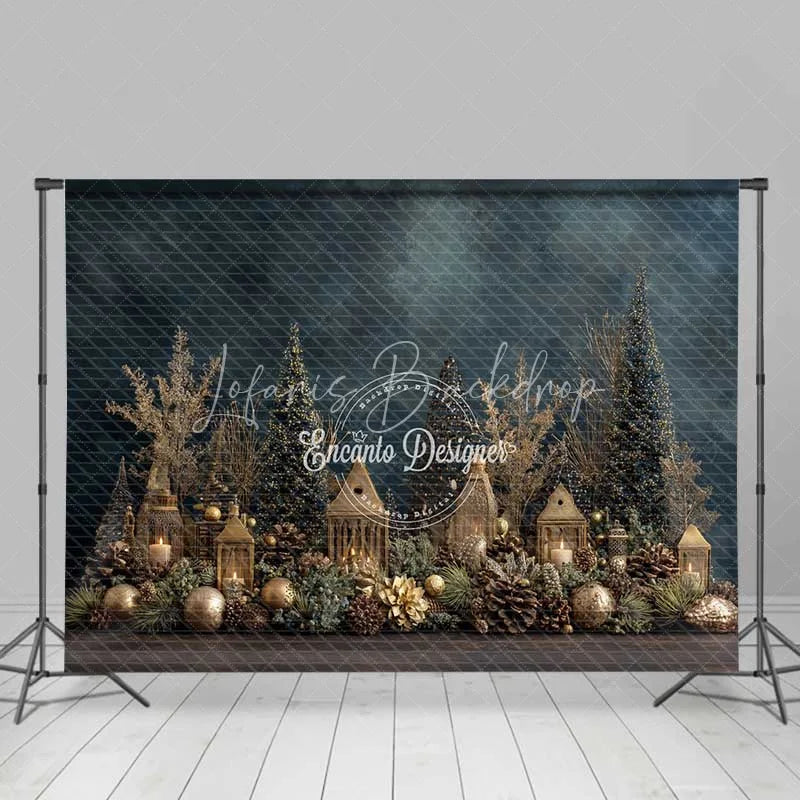 Lofaris Gold Christmas Village Backdrop Lantern House Bottle Brush Tree Photography Background