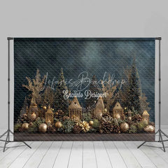 Lofaris Gold Christmas Village Backdrop Lantern House Bottle Brush Tree Photography Background