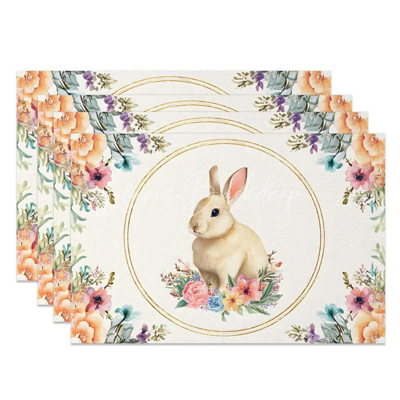 Lofaris Gold Circle Easter Bunny Set of 4 Placemats Orange Pink Floral Rabbit Table Mats for Spring