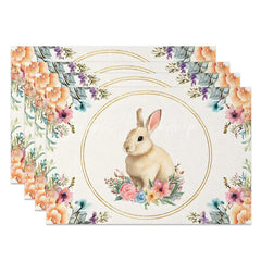 Lofaris Gold Circle Easter Bunny Set of 4 Placemats Orange Pink Floral Rabbit Table Mats for Spring